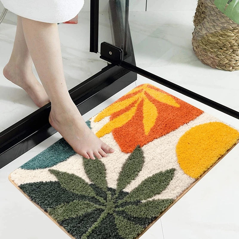 Boho Art Abstract Leaves Bathroom Rug