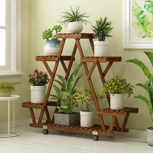 Wood Plant Stand with Wheels - happyhousedecor.com