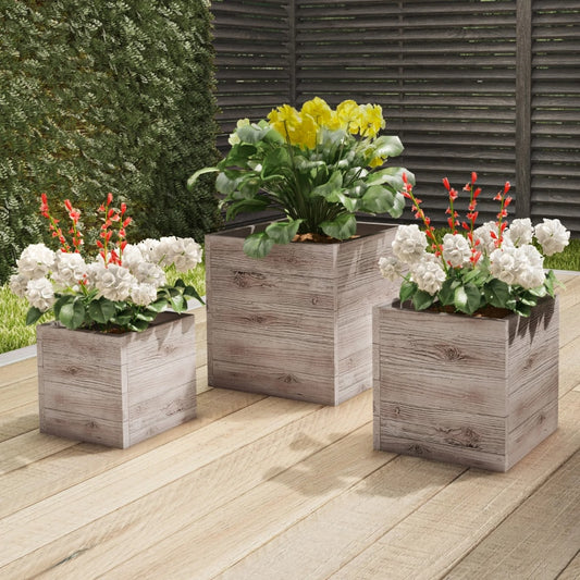 3-Piece Wood-Look Fiber Clay Square Planter Set (Light Gray) - happyhousedecor.com